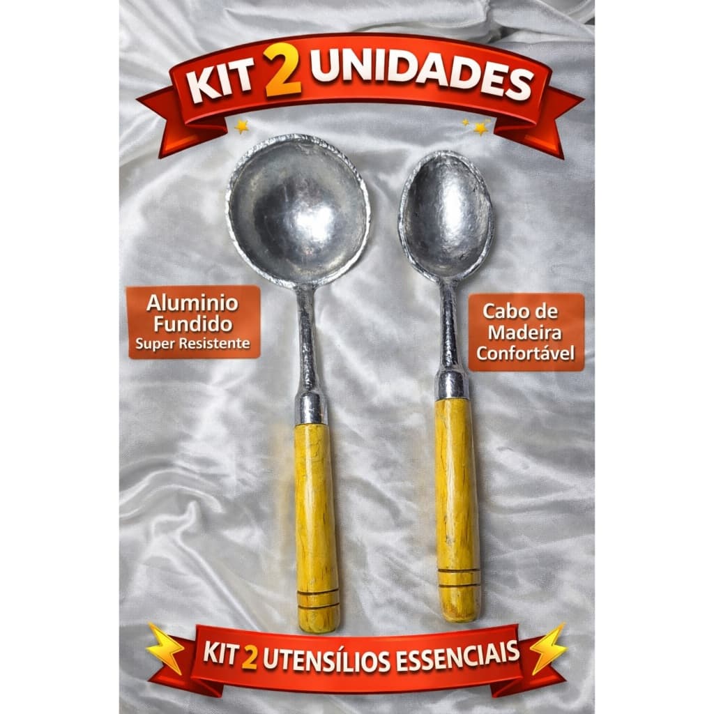 Kit Concha + Colher Alumínio Fundido com Cabo de Madeira Reforçado Utensílios de Cozinha 2 Peças Resistente