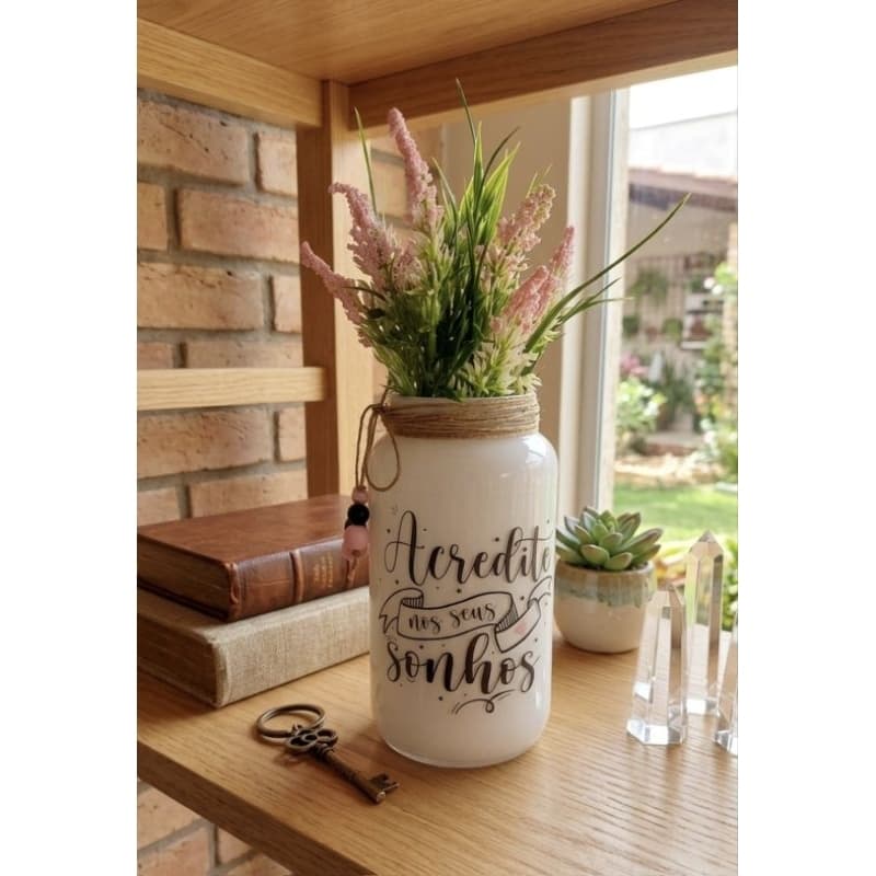 Vaso Decorativo de Vidro "Acredite nos seus Sonhos " com Flores Rosa artificiais