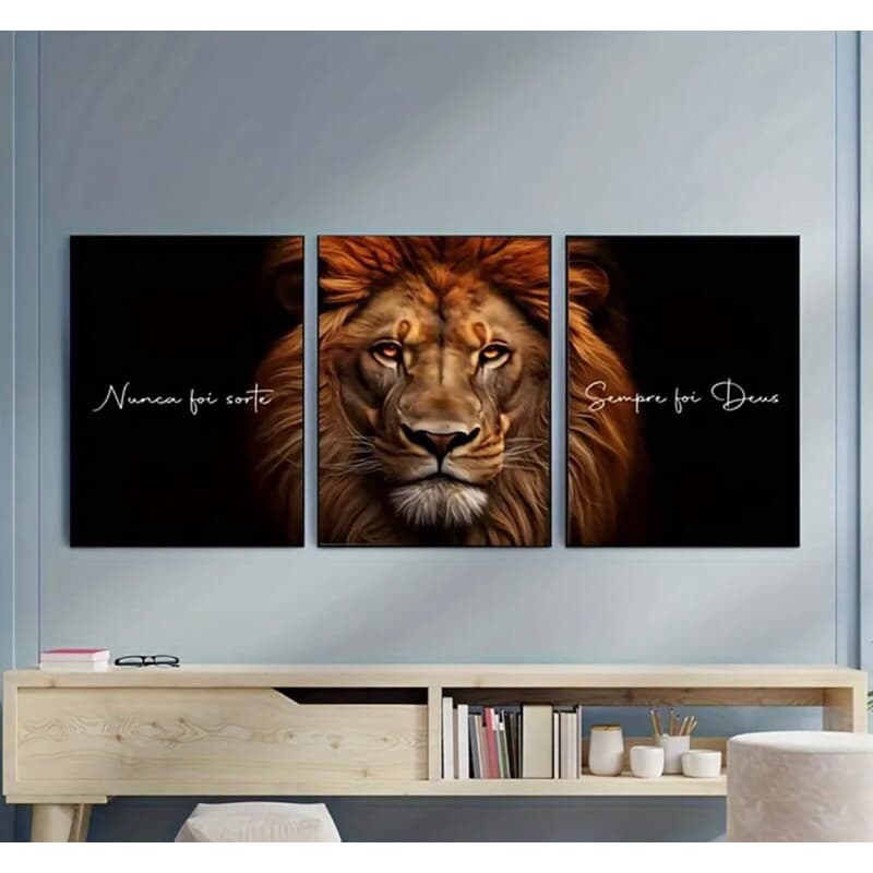 Kit 3 Quadros Decorativos Leão de Judá Frase Religiosa Nunca Foi Sorte Sempre Foi Deus Sala Quarto MDF