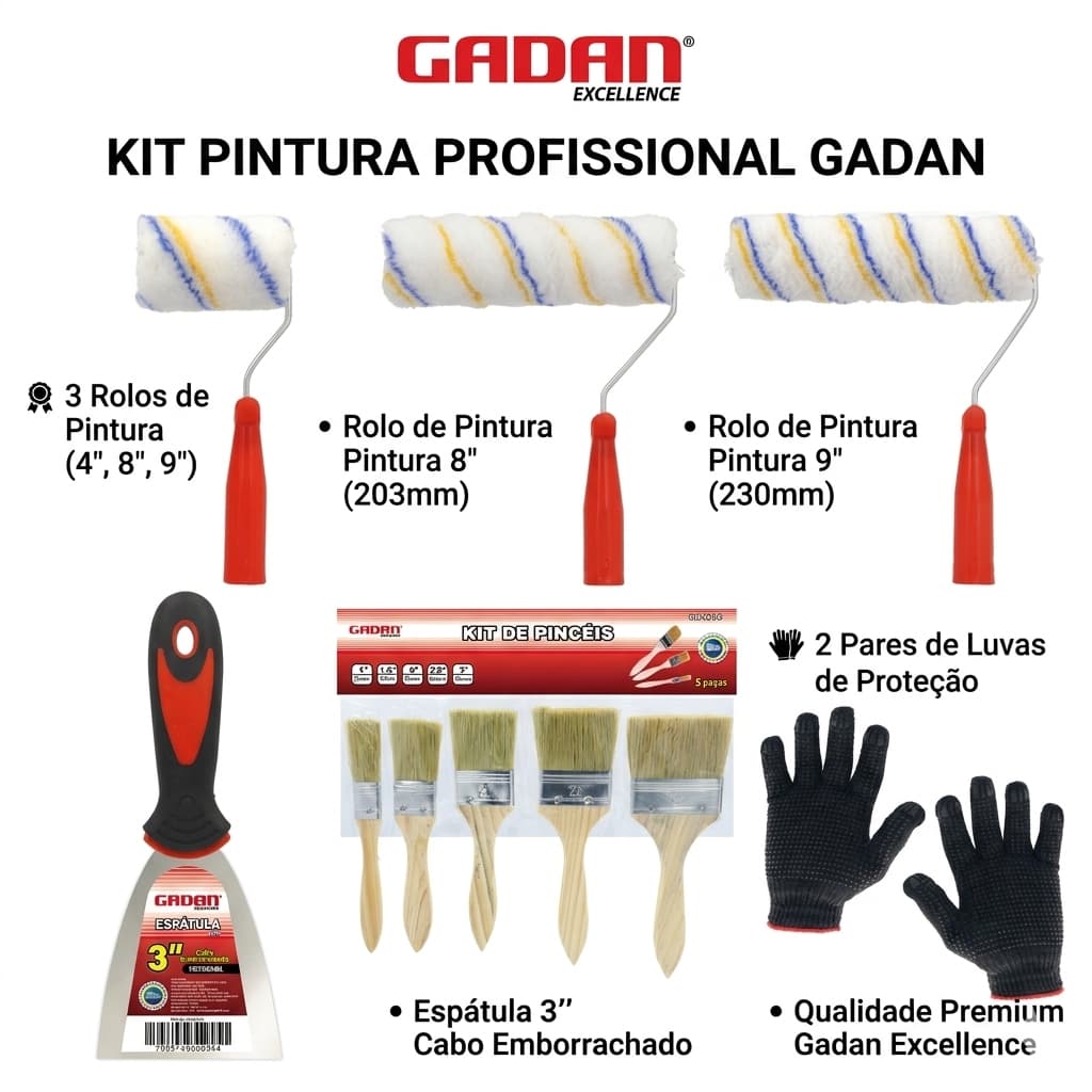 Kit Pintura Profissional Gadan 11 Peças Rolos Pincéis Espátula Luvas