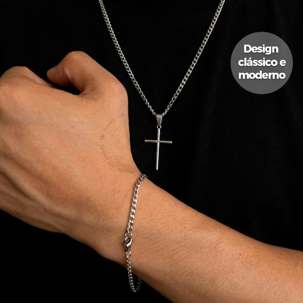 Corrente Colar Pingente Cruz 60CM + Pulseira Masculina 20CM de Aço Inoxidável Masculino Conjunto Presente