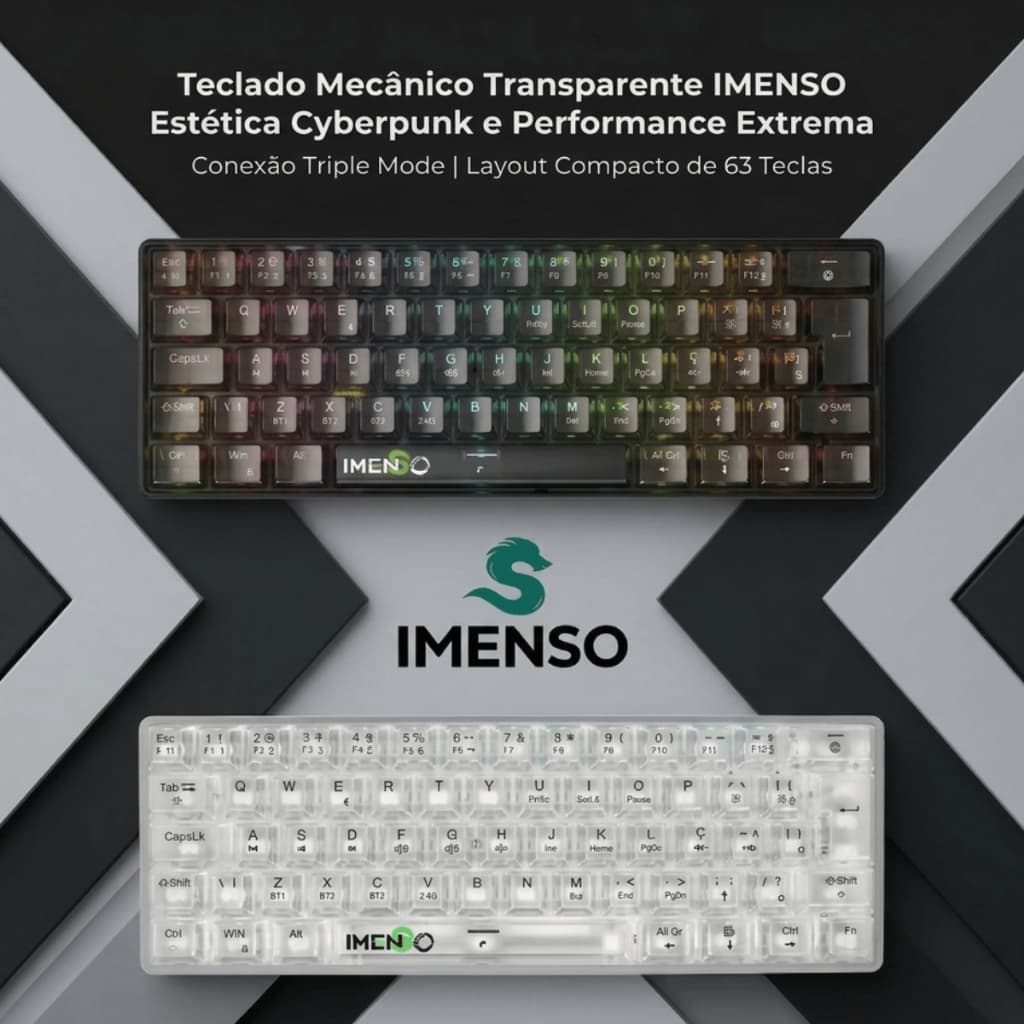 Teclado Mecânico Sem Fio IMENSO 63 Teclas | Tri-Modo, Gasket, Switch Cristal, RGB e Bateria 2000mAh