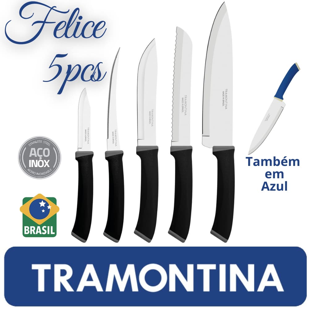 Jogo de Facas Faqueiro Tramontina Felice 5 Peças Lâminas em Aço Inox Casa Cozinha Chef