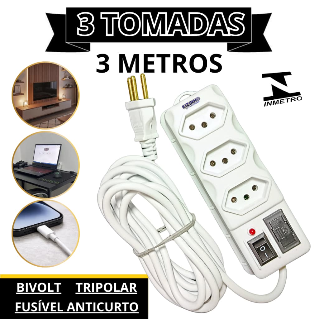 Filtro de Linha 3 Tomadas Tripolar 10A 3 Metros Bivolt  Fusível 3A  Interruptor Liga/Desliga