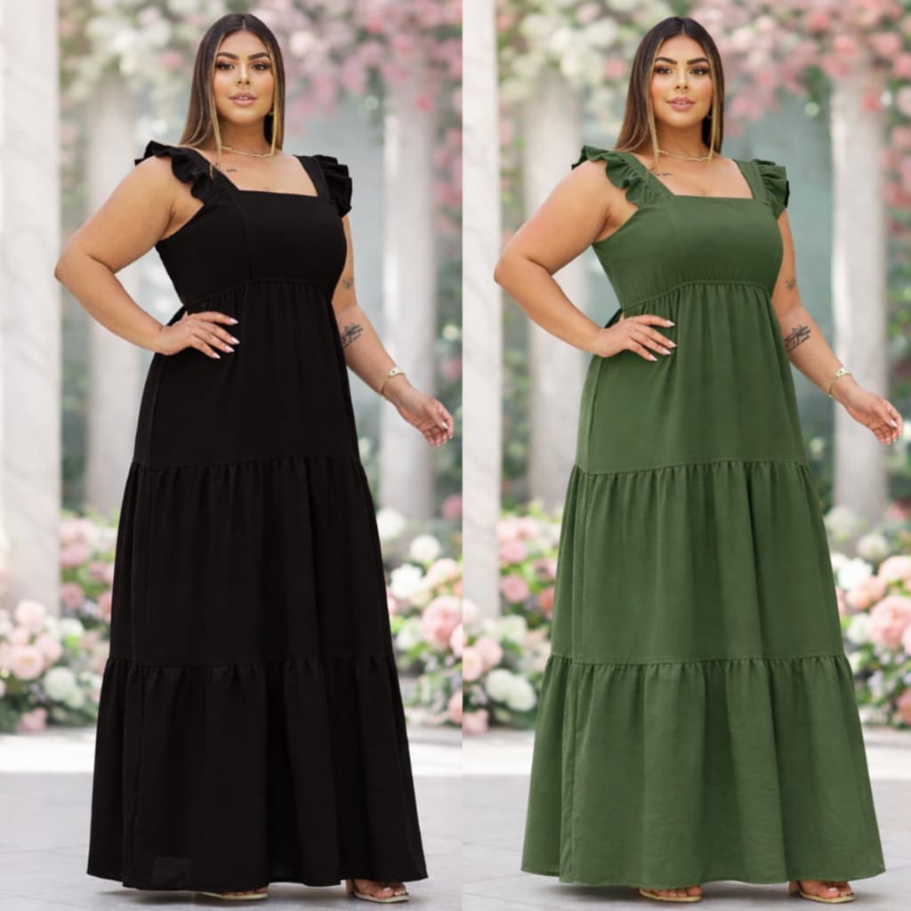 Vestido Feminino Dora Longo Plus Size Três Marias Moda Evangélica Elegante Festa Manga Alça Babado Duna Verão Promoção