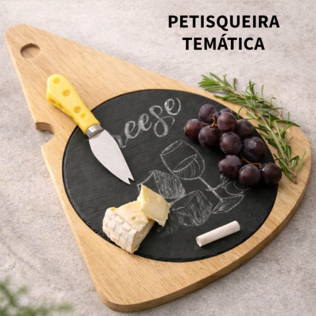 Petisqueira temática de queijos em bambu com ardósia e faca em aço inox LYOR