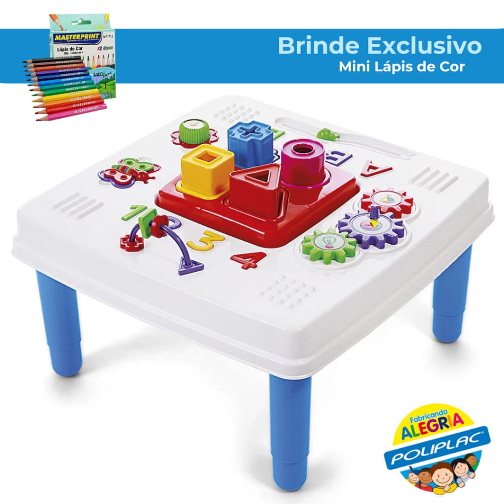 Mini Mesinha Didática Infantil Poliplac | com Formas, Números e Engrenagens | Brinquedo Educativo