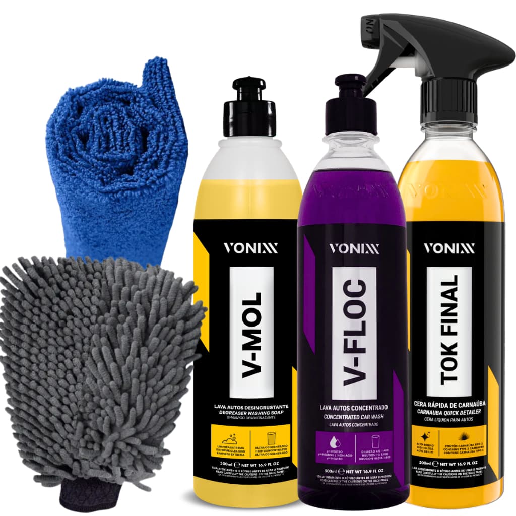 Kit Lavagem Automotiva Vonixx V-mol V-floc Tok Final Luva microfibra e flanela