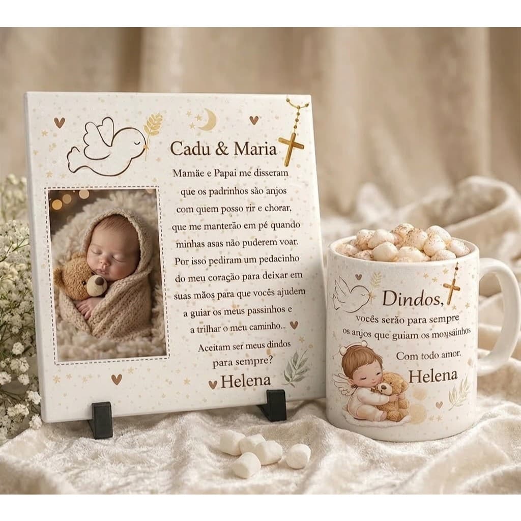 Kit Convite Personalizado Batizado | Azulejo 15x15 + Caneca 325ml | Presente | Dindos/Dindas