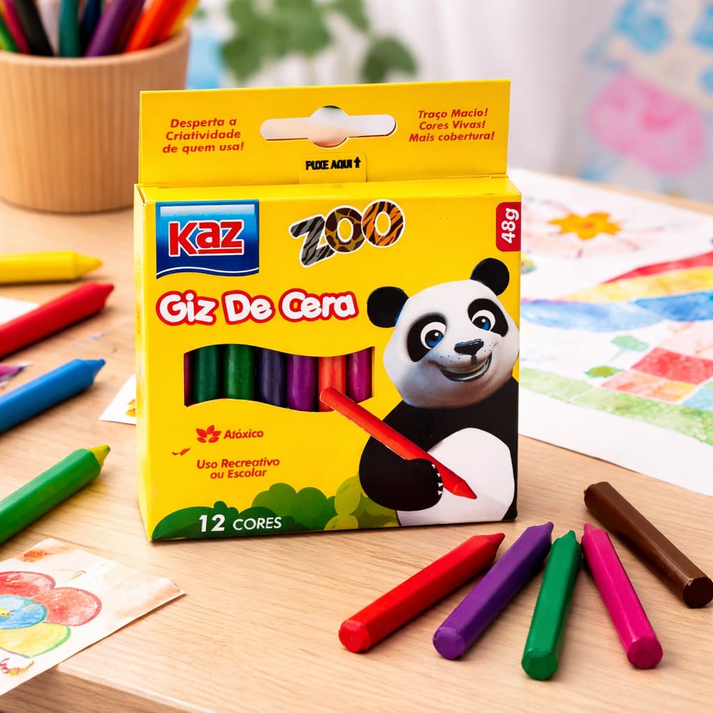 Giz de Cera 12 Cores Kaz Zoo Atóxico Infantil Kit 3 Caixas Escolar Desenho Pintura