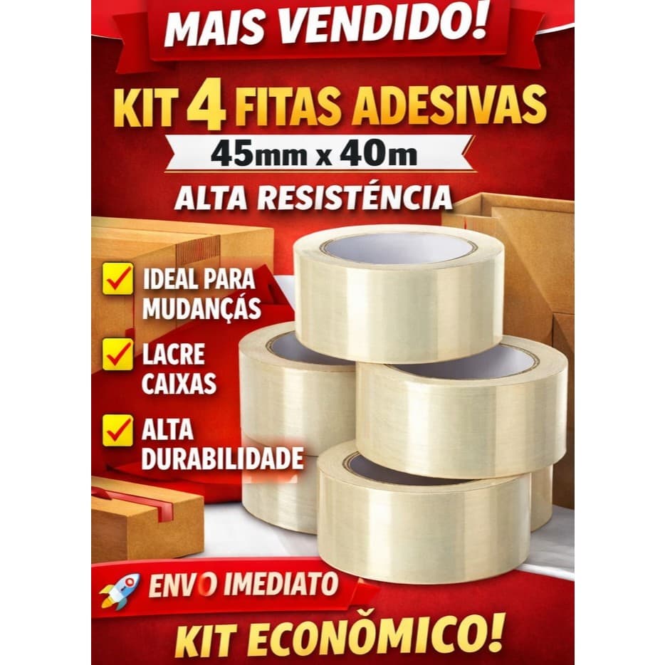 Kit 4 Fitas Adesivas Transparente 45mm x 40m Alta Resistência Embalagem Mudança