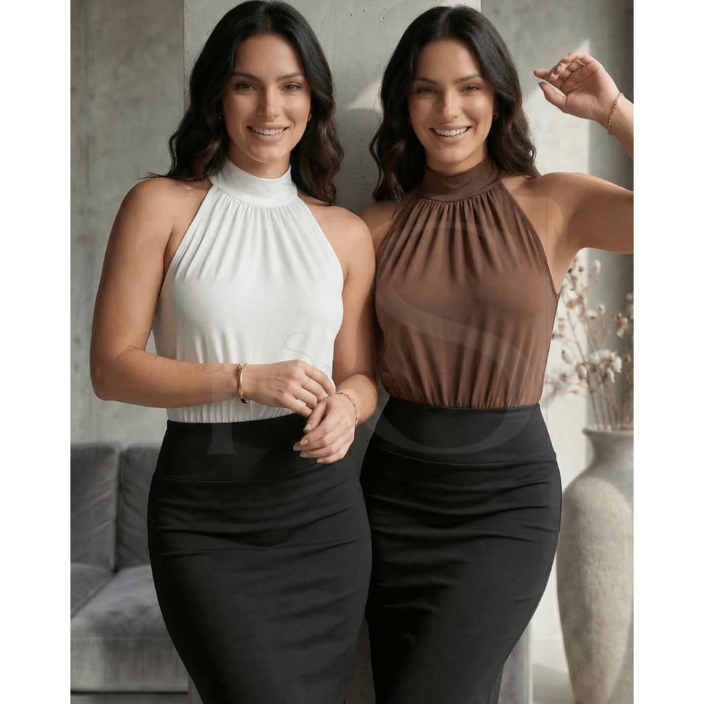 KIT 2 Body Feminino Regata Gola Colar Suplex Básico Moda Feminina Blogueira Tendência Elegante