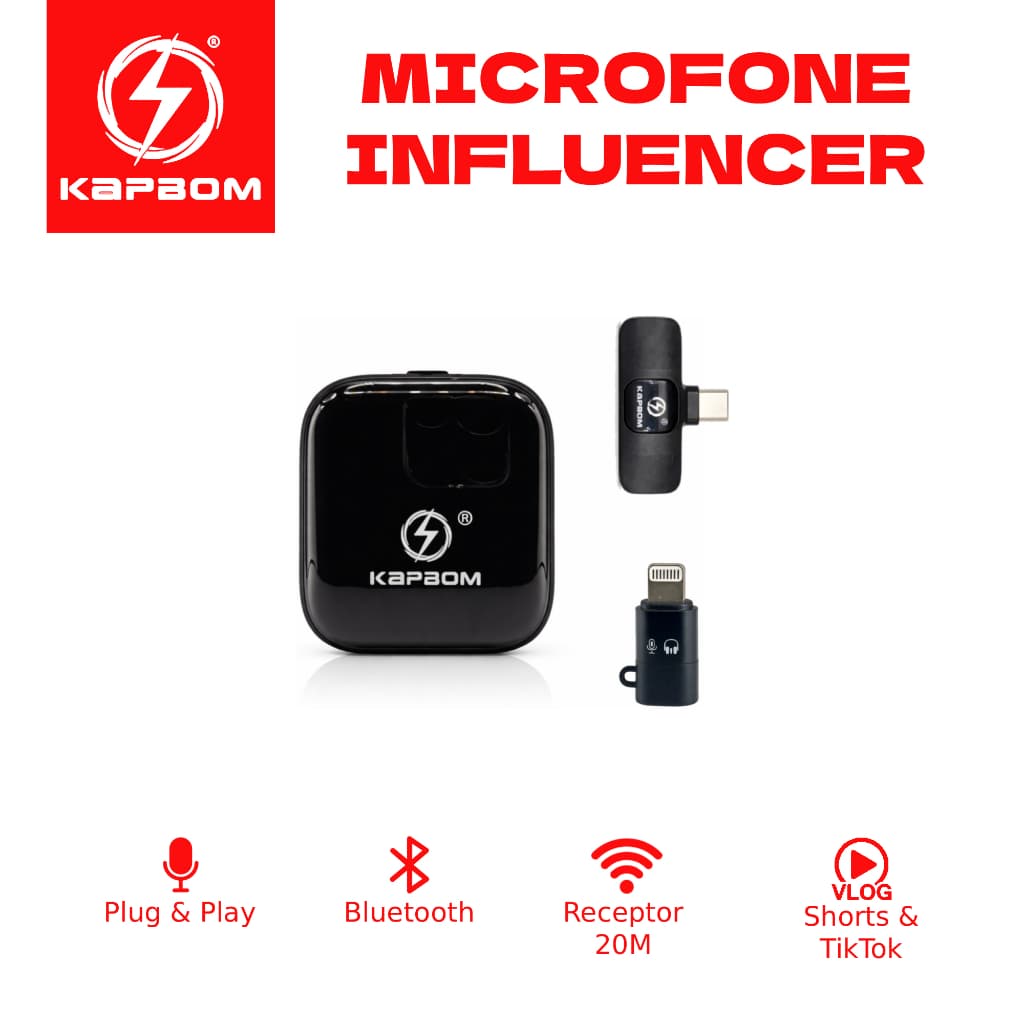 Microfone Sem Fio Bluetooth  Kapbom Preto Usb-c com adaptador Lighting e Cancelamento de Ruído
