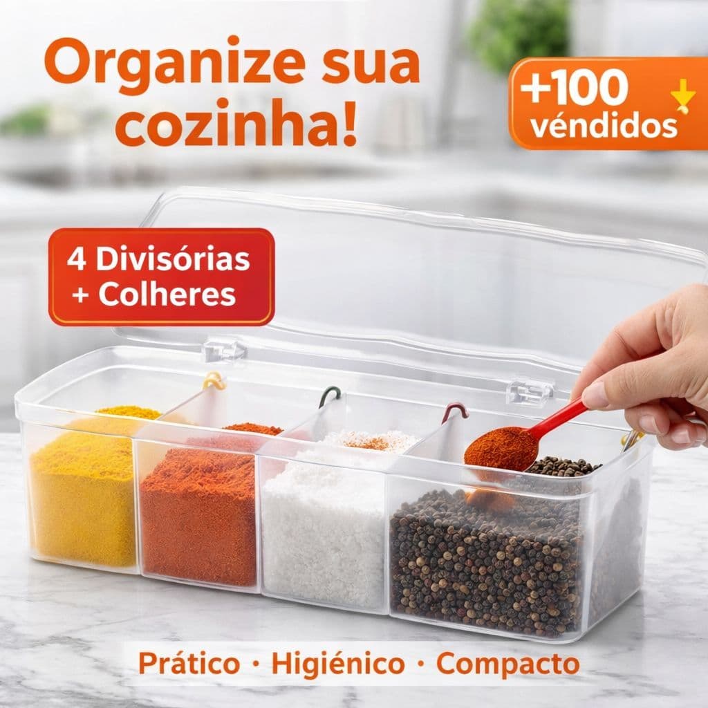 Porta Temperos Quatro Divisórias Com Quatro Colheres Transparente Com Tampa Organizador 3379