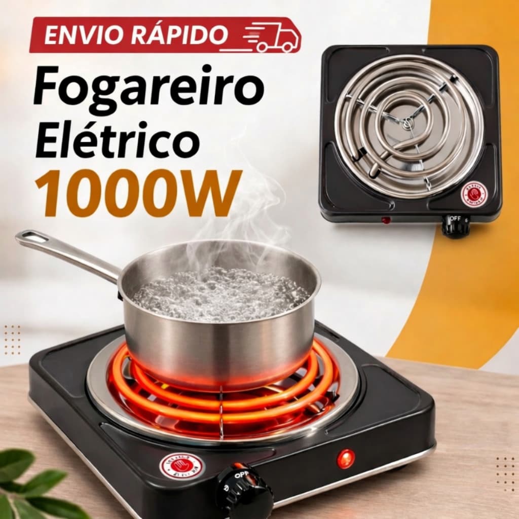 Fogão Fogareiro Elétrico 1000W 1 Boca 110V ou 220V Portátil Camping Acampamento Kaza+ Preto Compacto