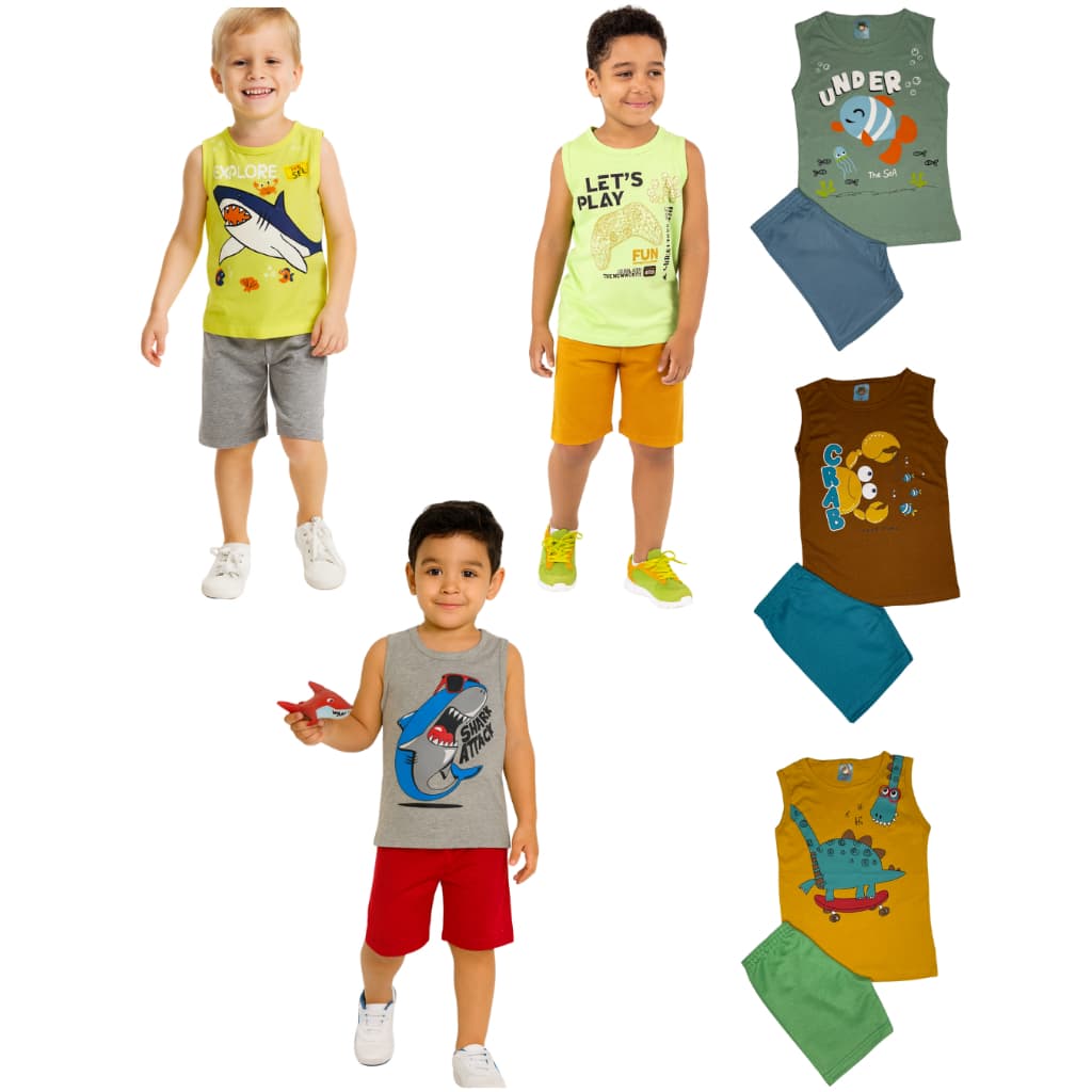 Kit 4 Peças Regata Sortido Menino Verão 2 Regatas 2 Bermudas TAM 1 ao 8
