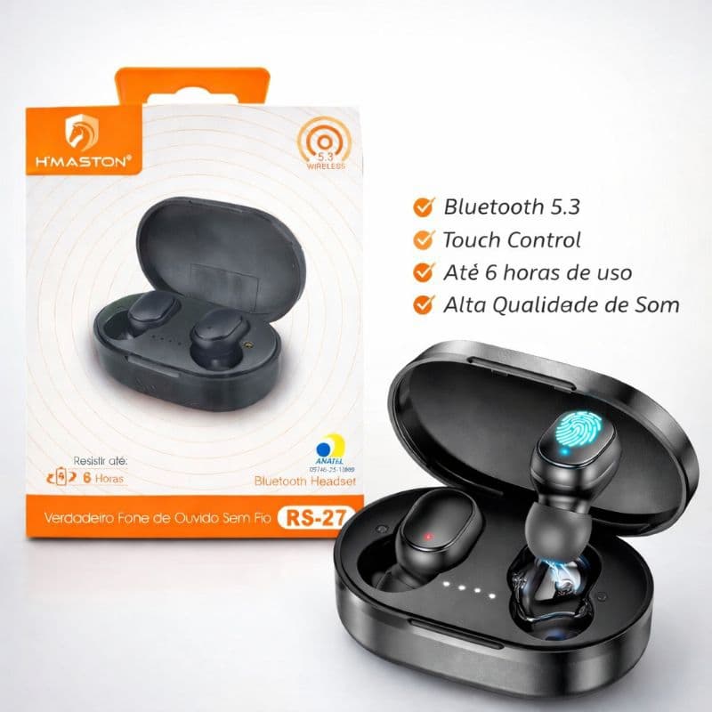 H'maston Rs-27 Fone De Ouvido Bluetooth 5.3 Sem Fio Fone Tws Duplo Com Microfone Luz Led Preto