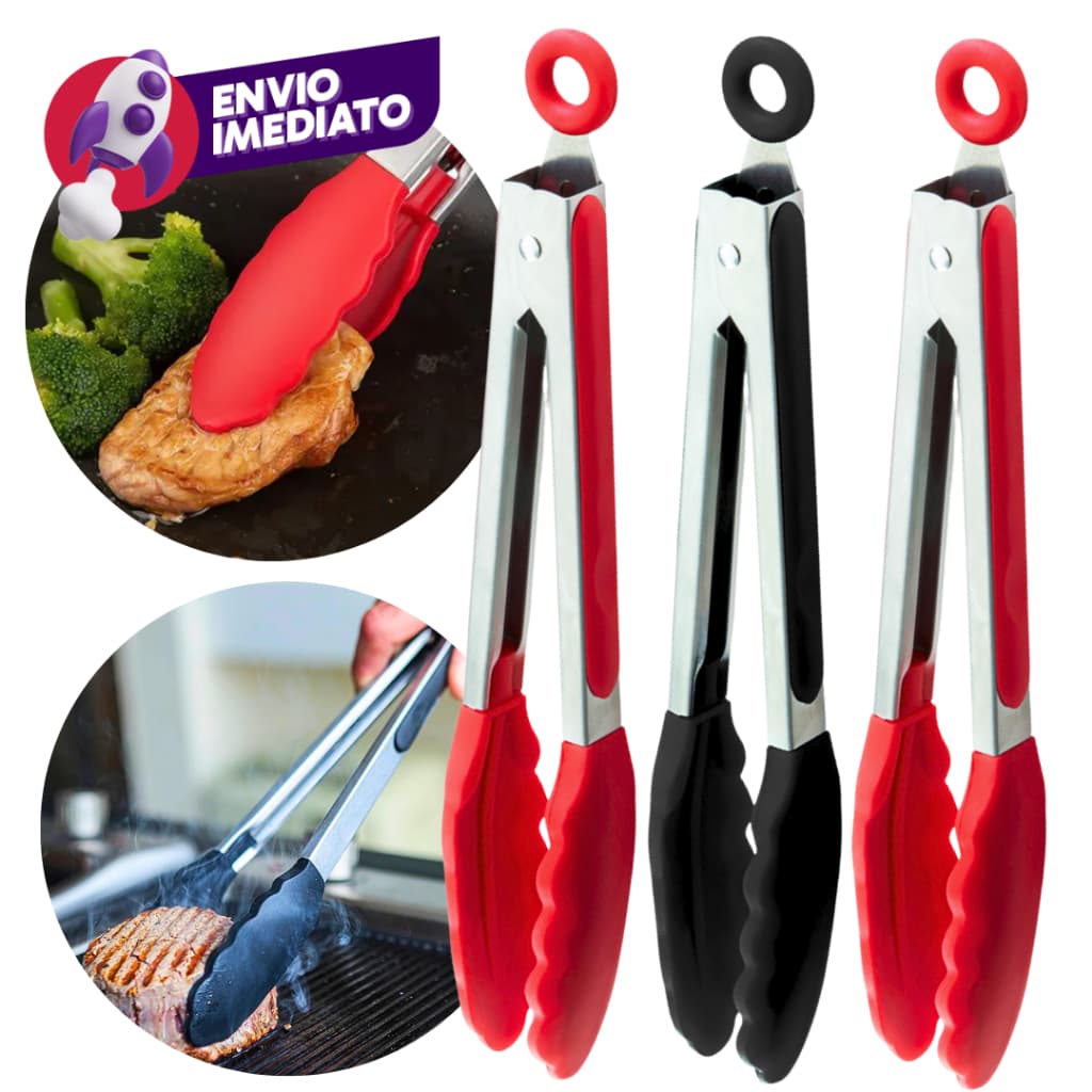 Pegador Pinça Culinária 27Cm Inox E Silicone Com Pé Apoio Salada Carne Massa Cozinha Restaurante