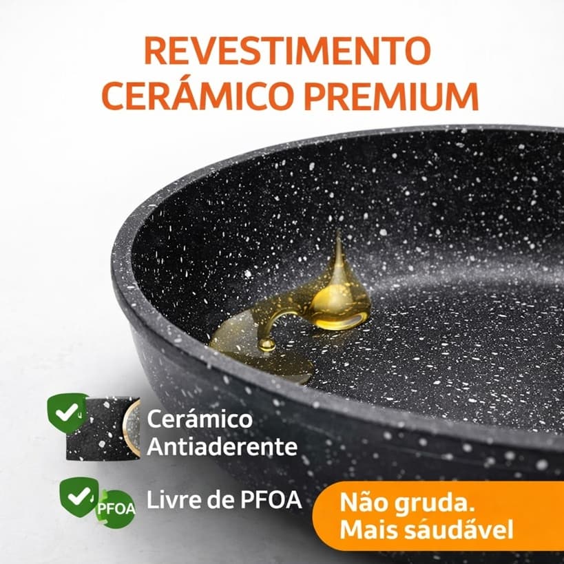 Conjunto Panelas Cerâmica Cabo Removível 11 Peças Antiaderente Indução Premium Preto