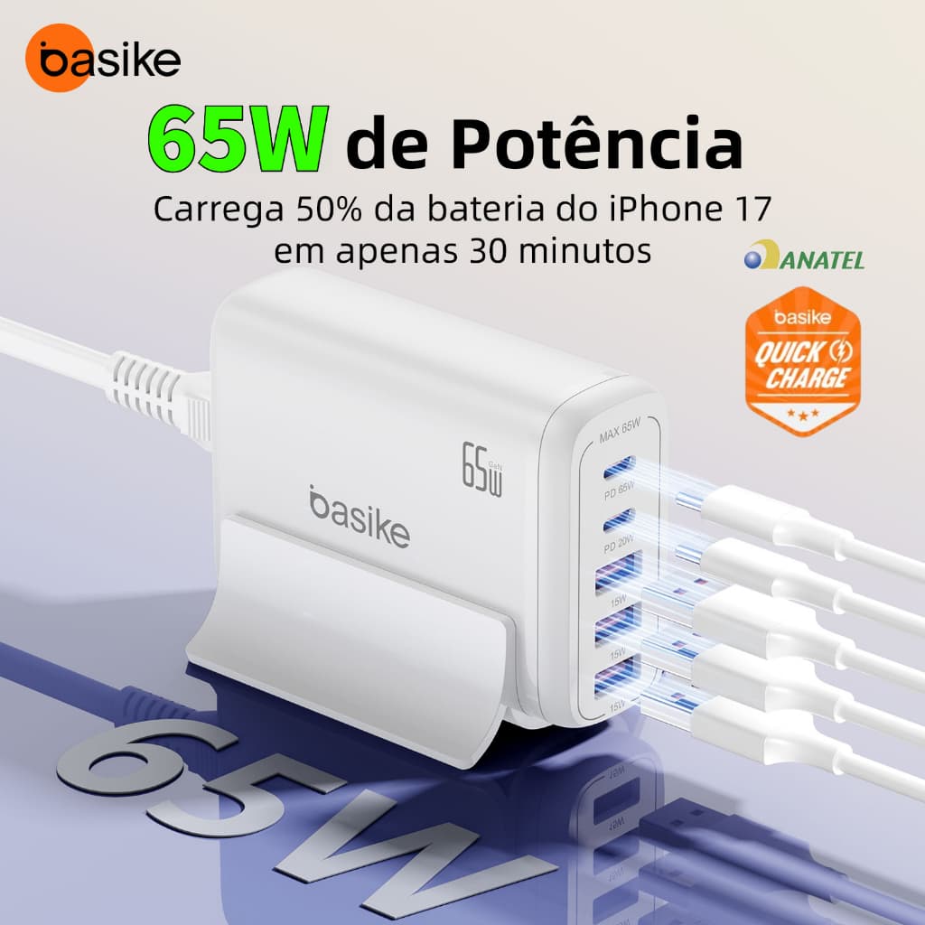 Carregador rápido de Mesa Basike 65W/30W Hub 1.5m Turbo 5 em 1 Desktop 3x USB 2x Tipo C PD QC3.0 Carregamento Rápido