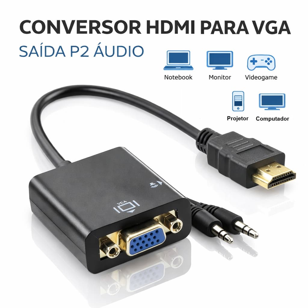 Conversor HDMI Para VGA Com Saida P2 Audio Adaptador Video Notebook PC Monitor Projetor Full HD Cabo