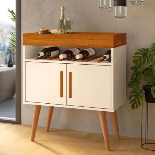Aparador Café/Bar/Drink com Portas Moderno com Adega e Pés em Madeira Pinus