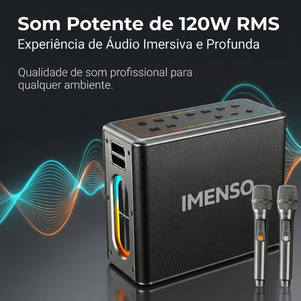 Caixa de Som Bluetooth 120W RMS | 12000mAh, 4 Drivers, 2 Microfones UHF, IPX4, RGB e TWS | IMENSO