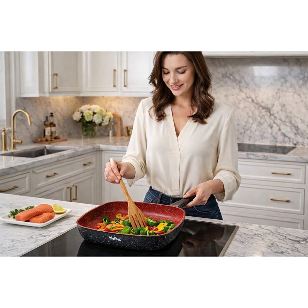 Panela Frigideira Grill Quadrada 24cm Antiaderente Indução Stone Red Point Cabo Resistente