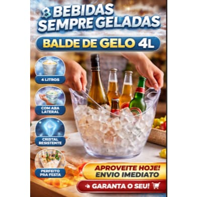Balde de Gelo Transparente 4L com Aba Lateral Resfriador de Bebidas Festa Evento Bar