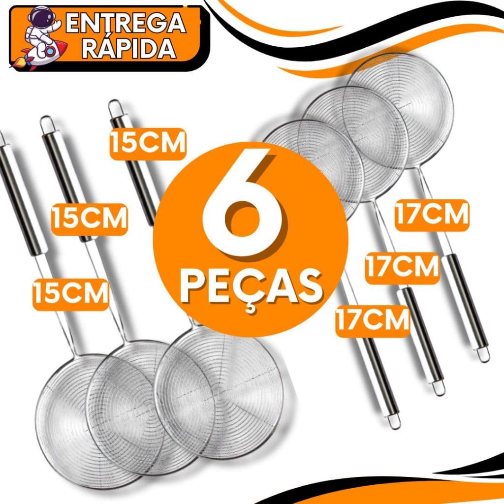 Kit jogo 2/6 unid. Escumadeira Fritura Inox Batata Pastel Resistente 17CM e 15cm