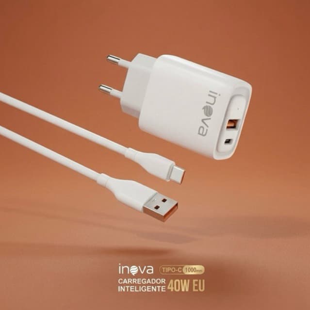 Carregador Turbo 40W Tipo-C Inova Original + Cabo USB-C 1m | Carregamento Rápido Android e iPhone Bivolt