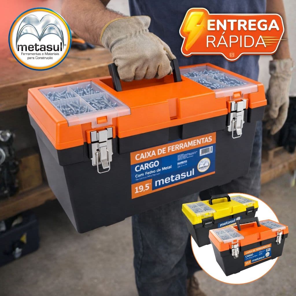 Maleta Caixa de Ferramentas Multiuso com Tampa Organizadora Cargo 19.5" Metasul Multiuso Reforçada com Bandeja Extra