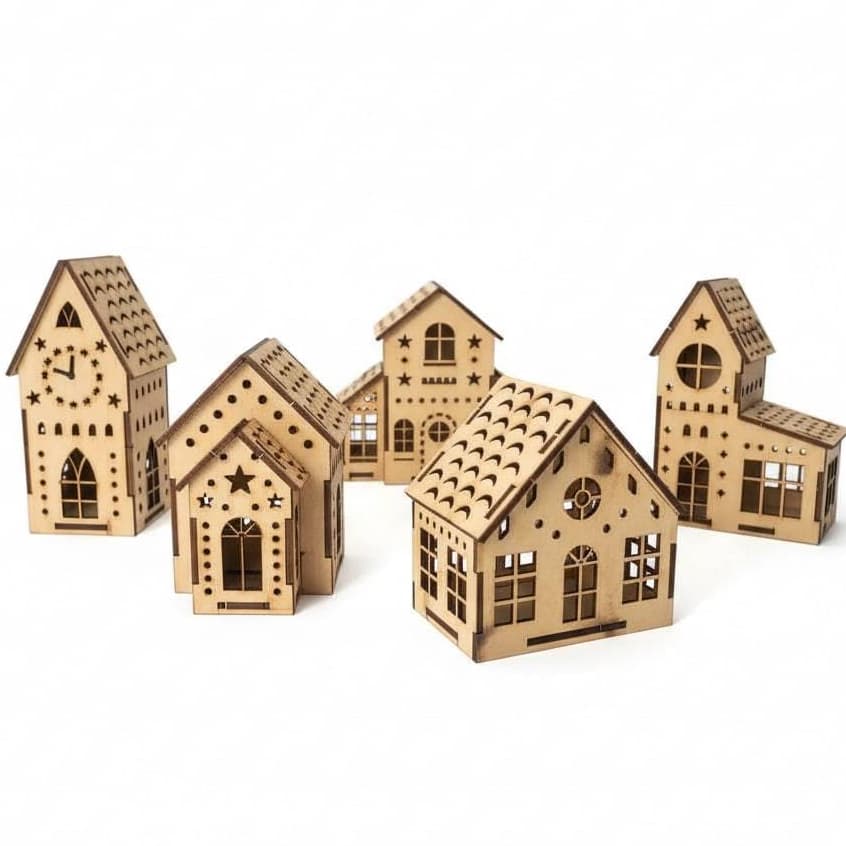 Kit 5 Casinhas De Natal 5 Peças Em MDF Cru Vila Natalina