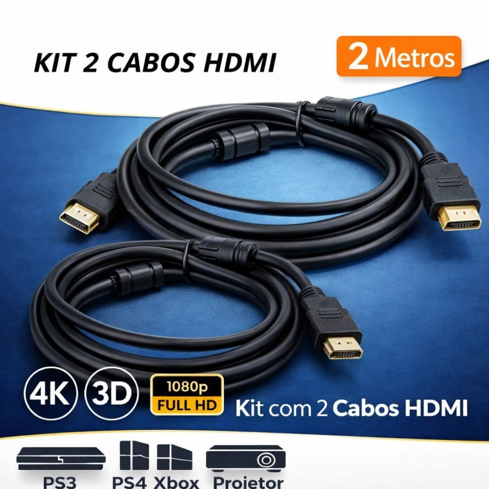 Kit 2 Cabos HDMI 2 Metros 4K Ultra HD Full HD 1080p Alta Qualidade PS4 Xbox TV Projetor