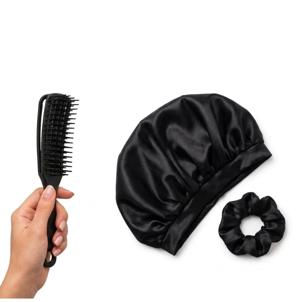 KIT - Touca de cetim + Pente polvo desembaraçador + Xuxinha de Cetim