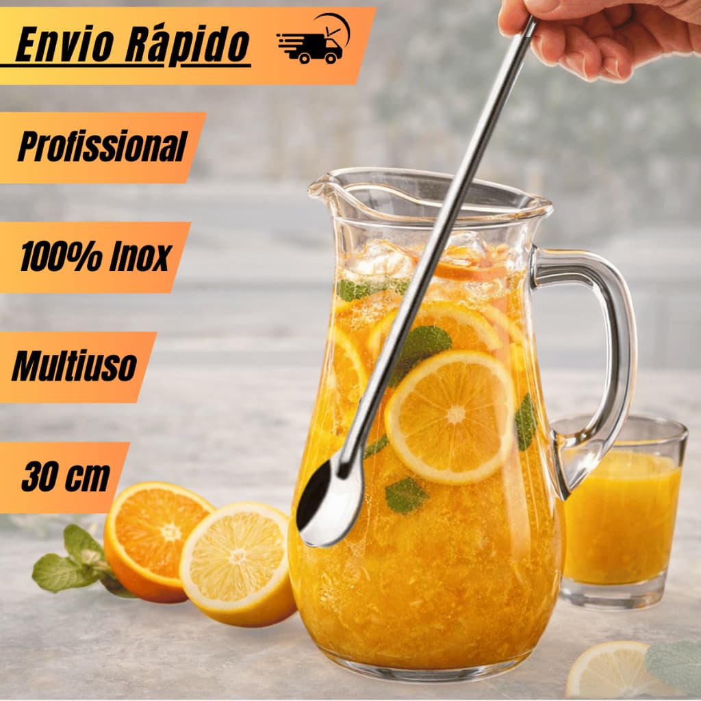 Colher inox 30cm cabo longo para mexer suco na Jarra Drinks Bailarina misturador