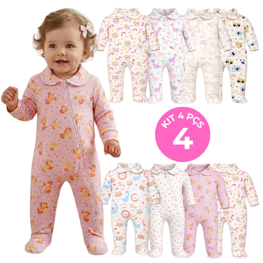 Kit 4 Macacão Longo Bebê Ribana Menina Estampada Algodão com Zíper Menino Enxoval Maternidade
