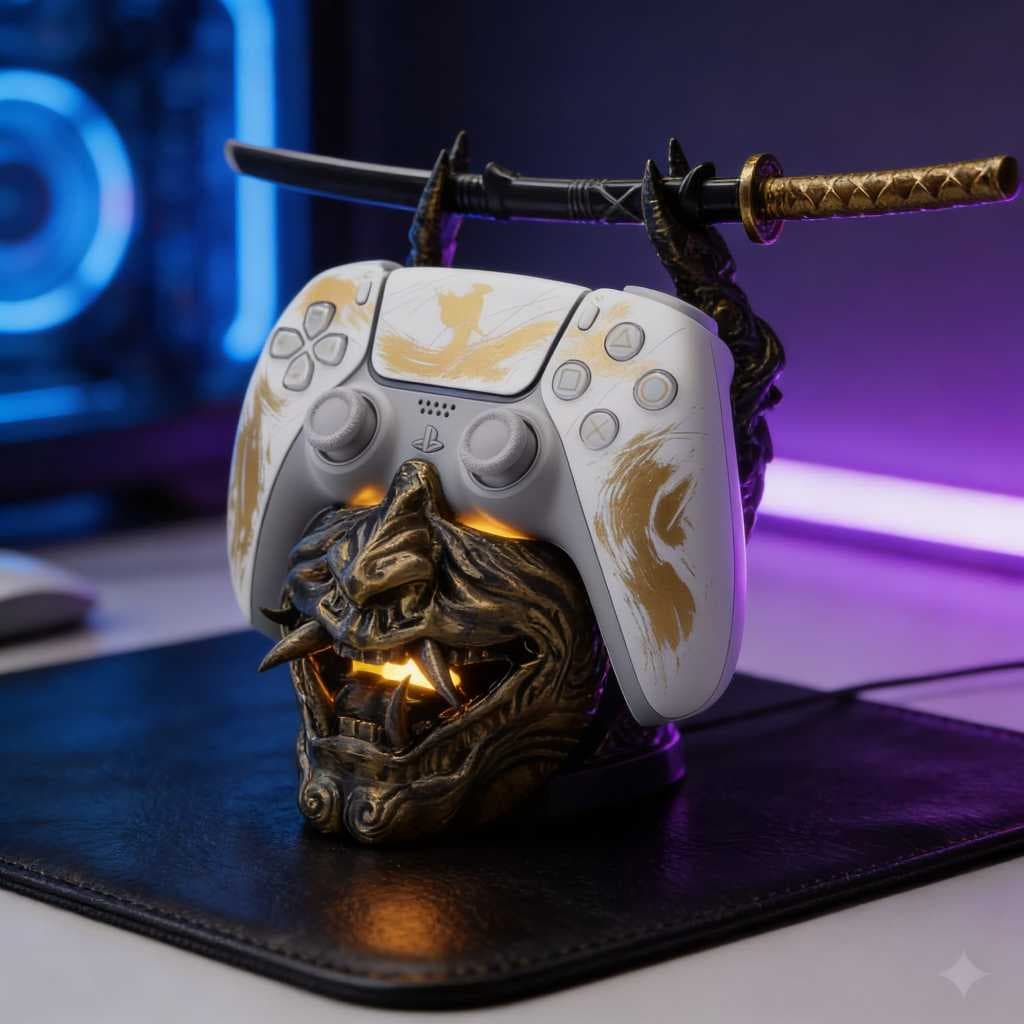Suporte Controle PS5 DualSense Mesa Gamer [Tema/Máscara Oni] Impressão 3D