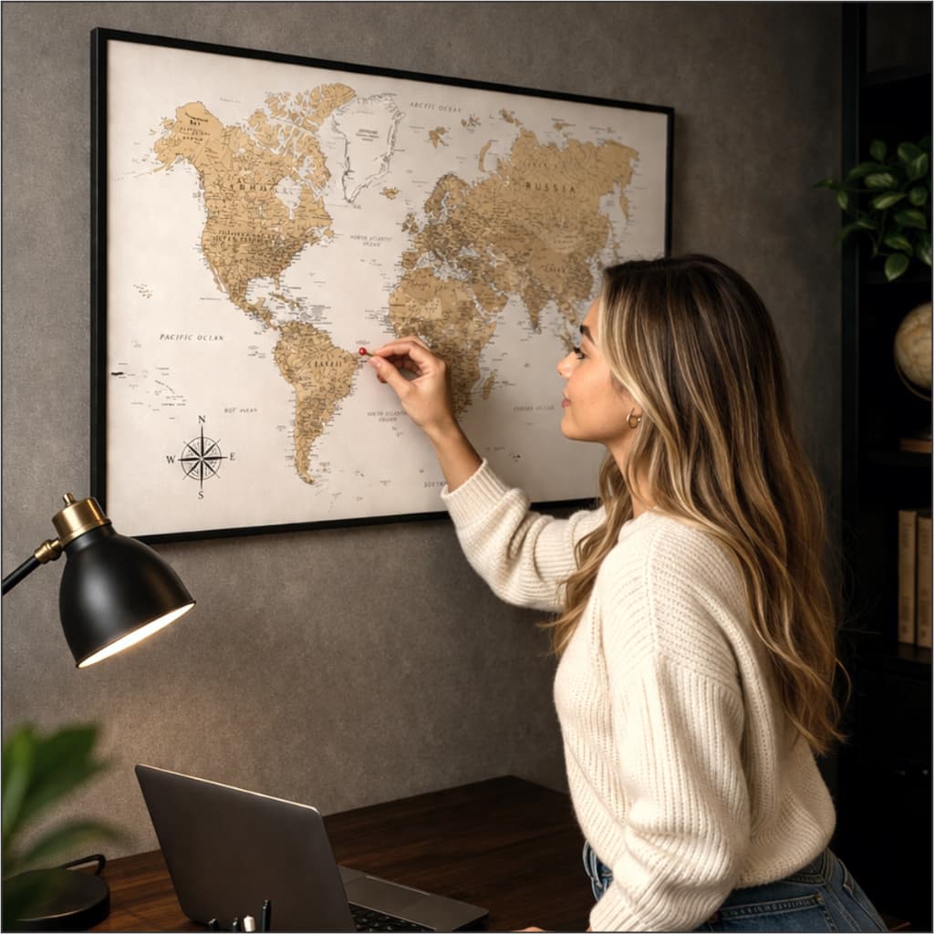 Quadro Mapa-Múndi Vintage A1 50 Pins Alfinetes Coloridos para Marcar Viagens 60x90cm Legenda Inglês
