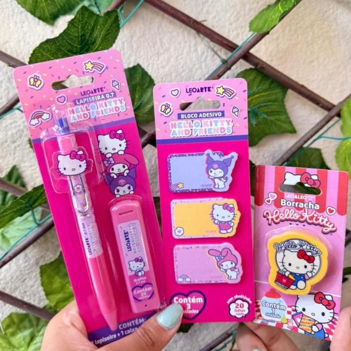 Kit Lapiseira Hello Kitty + Grafite + Post It + Borracha Leo&Leo Papelaria Fofa Material Escolar 052