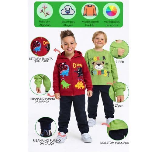 Kit 4 Peças Conjunto Moletom Com Capuz e Zíper Menino Infantil Masculino Inverno