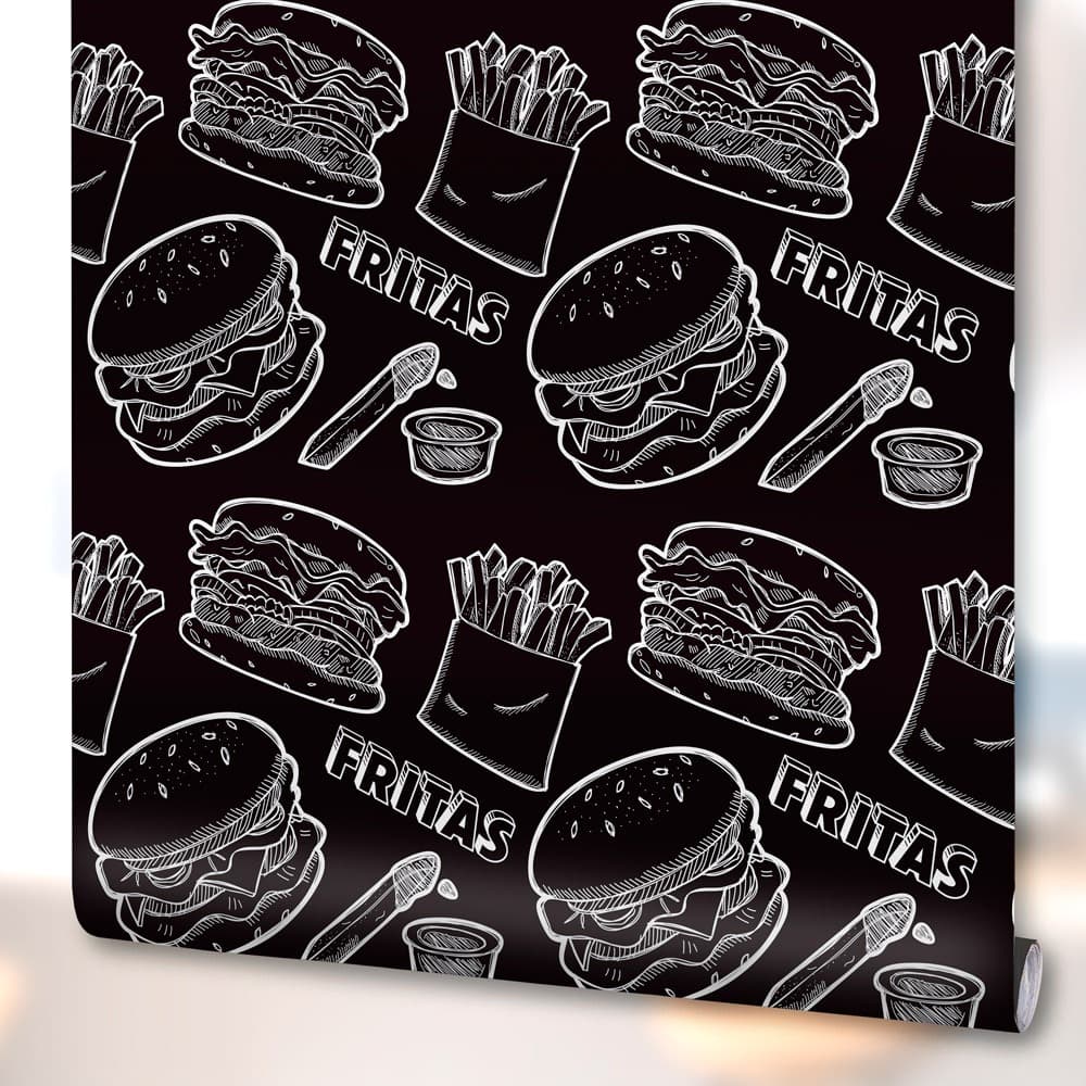 Papel de Parede Adesivo Decoração Hambúrgueria Fritas Lanchonete Fast Food Lanche