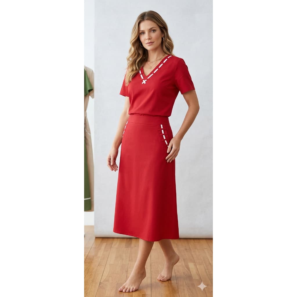 Conjunto Lindo Femenino com detalhes de tira na blusa e saia Longa tecido alfaiataria Marrant Moda Evangelica chiqui