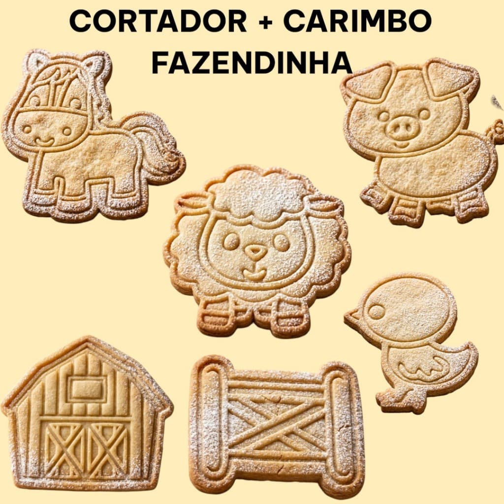 kit 6 cortador/marcador/molde de biscoitos, biscuit e massinha no tema Fazendinha Confeitaria
