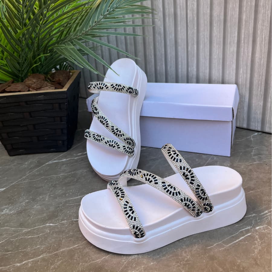 Papete Birken Plataforma Alta Sandália Feminina Flatform 3 Tira Z Strass Luxo Branca Nude Caramelo