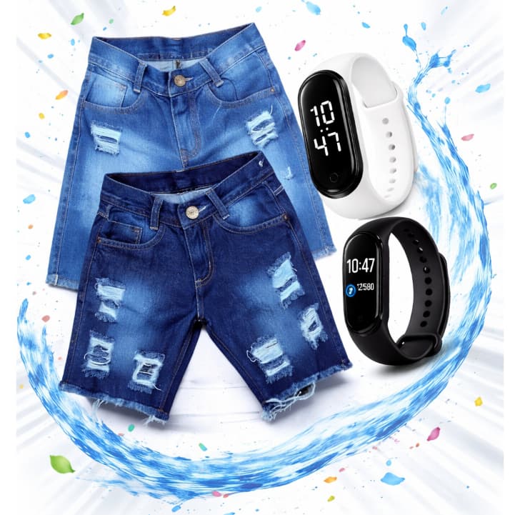 Kit Infantil Menino Bermuda Jeans + Relógio Esportivo