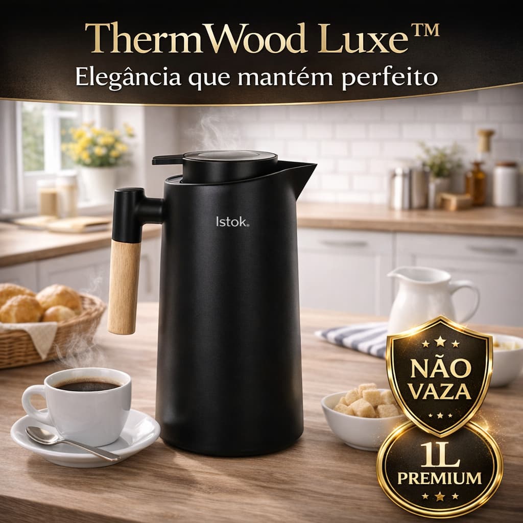 Garrafa Térmica 1L ThermWood Luxe™ Inox Não Vaza Mantém Quente e Gelado
