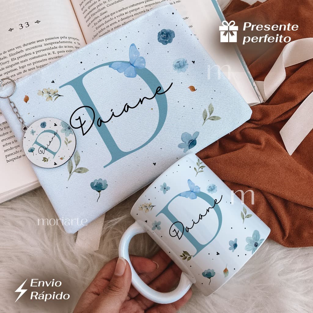 Presente personalizado feminino , kit caneca personalizada+necessaire e chaveiro com nome, exclusivo, amiga/mãe