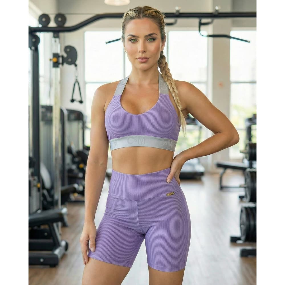 Conjunto Fitness Canelado Top elastico + Short Cintura Alta Alta Compressão Zero Transparência Academia