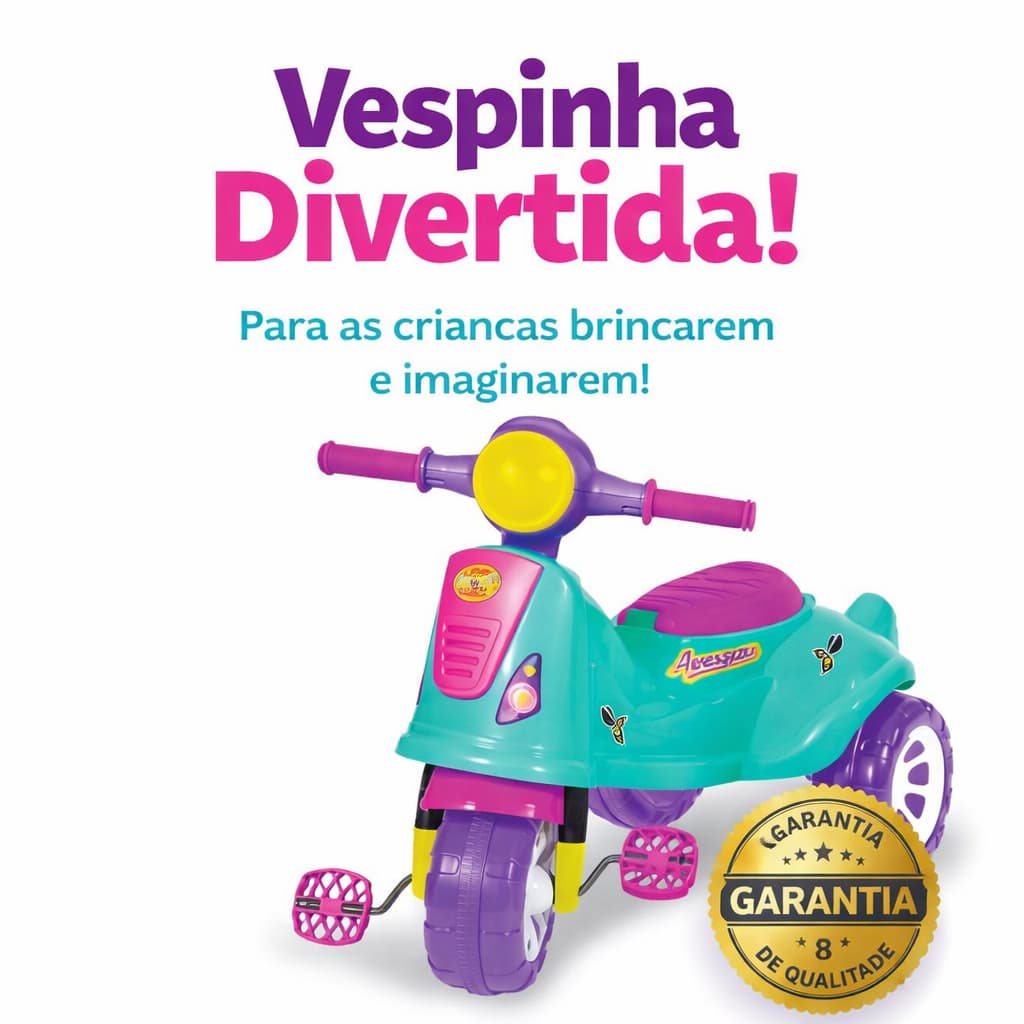 Triciclo Infantil Motoca com Pedal Apoio de Pé Avespa  e Haste Empurrador Infantil